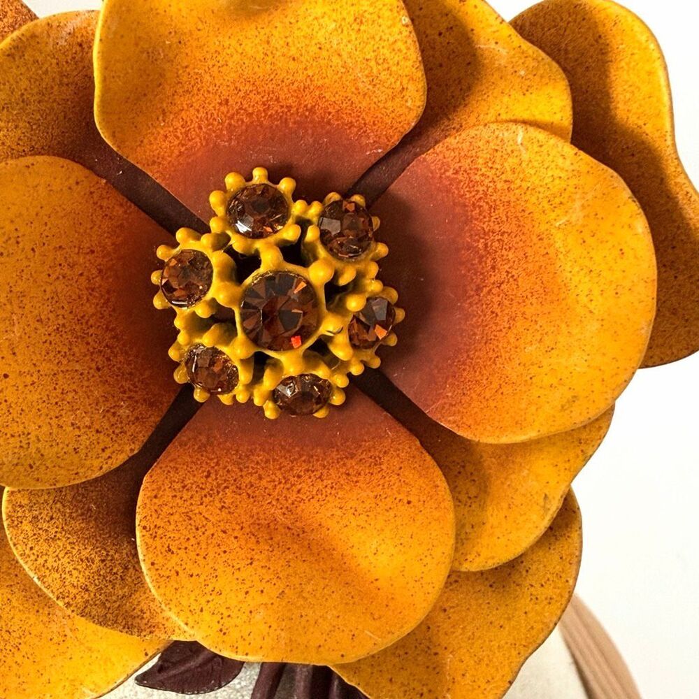 Vintage Mustard Yellow Brown Enamel Flower Rhinestone Brooch - Picture 3 of 7